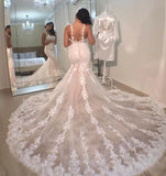 Mermaid Spaghetti Strap Wedding Dress with Open Back and Lace BM bride