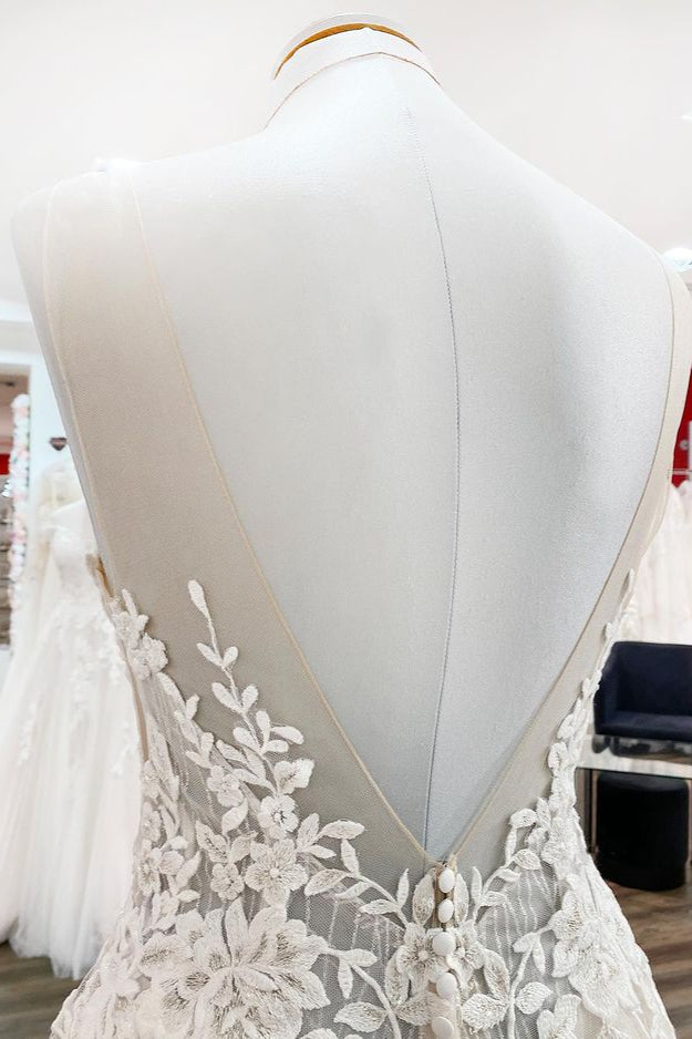 Sweetheart Long A-Line Wedding Dress with Tulle Ruffles, Open Back, and Lace Appliques BM bride