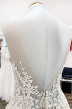 Sweetheart Long A-Line Wedding Dress with Tulle Ruffles, Open Back, and Lace Appliques BM bride