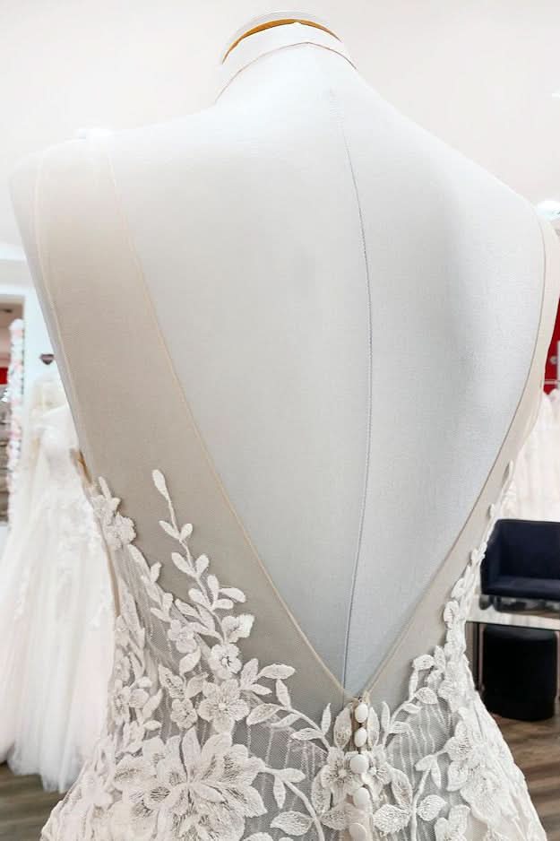 Sweetheart Long A-Line Wedding Dress with Tulle Ruffles, Open Back, and Lace Appliques BM bride