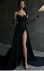Black Long Sleeve Prom Dress with V-Neck and Lace Appliques BM bride