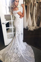 Off-the-Shoulder Sweep Train Mermaid Wedding Dress with Appliques BM bride