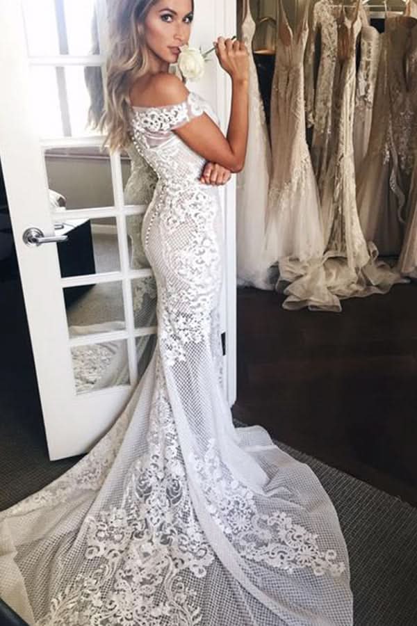 Off-the-Shoulder Sweep Train Mermaid Wedding Dress with Appliques BM bride
