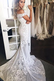 Off-the-Shoulder Sweep Train Mermaid Wedding Dress with Appliques BM bride