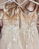 Chic Spaghetti Strap V-Neck A-Line Tulle Wedding Dress with Lace Appliques BM bride