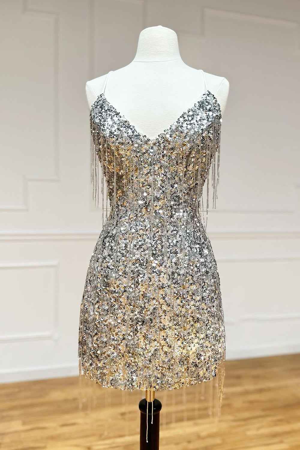 Sparkly Silver Sequin Fringed Tight Short Homecoming Dress Bmbride