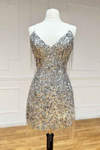 Sparkly Silver Sequin Fringed Tight Short Homecoming Dress Bmbride