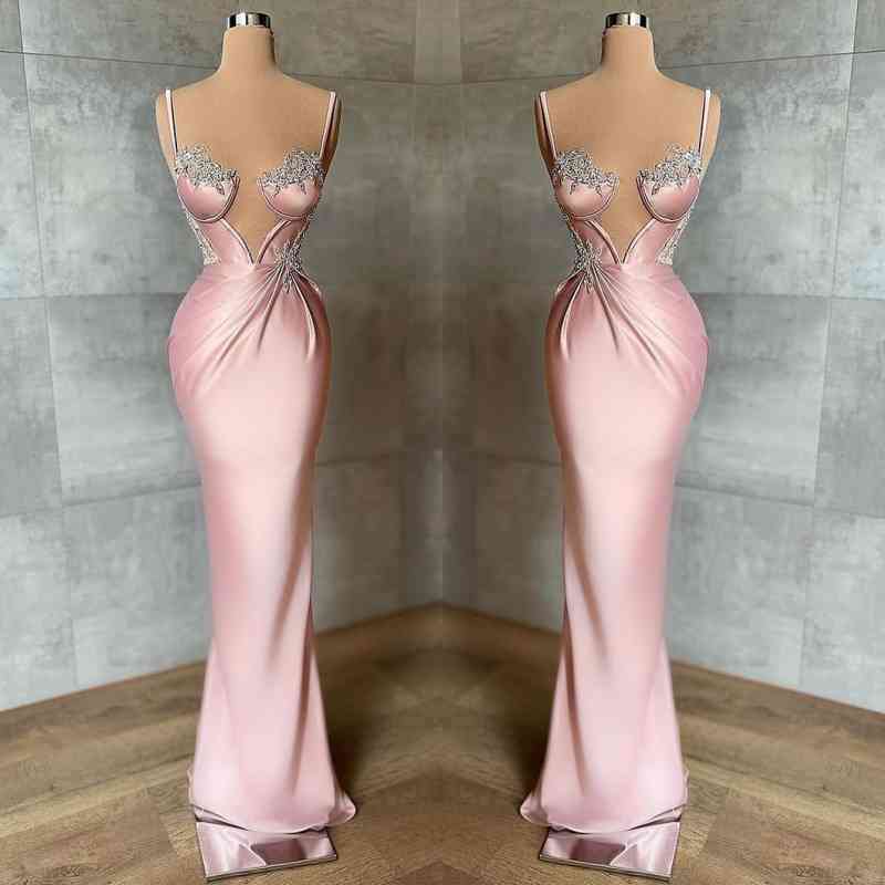 Pink Spaghetti Strap Mermaid Prom Dress Sleeveless With Appliques