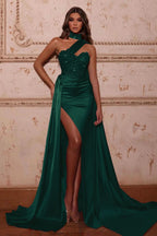 Mermaid Evening Dress with High Neck Split Beads and Ruffles BM bride