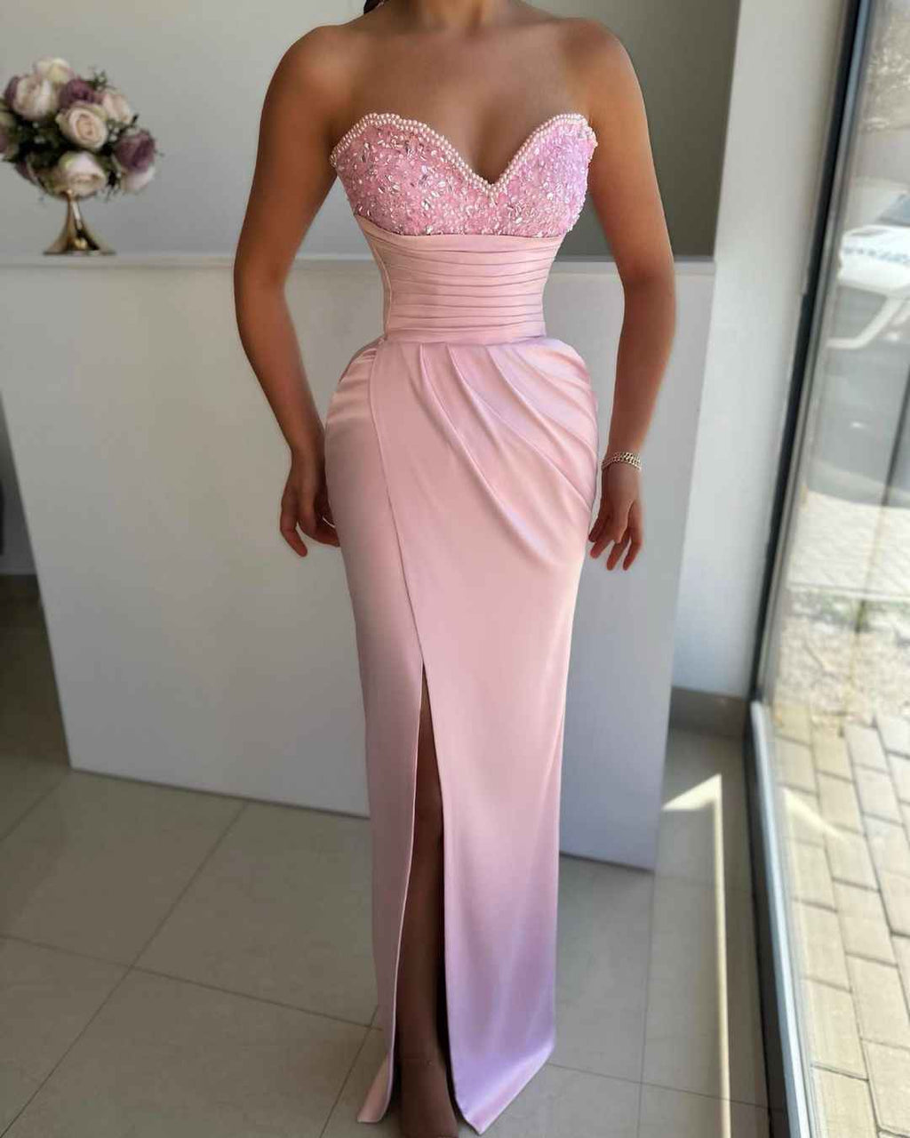 Sweetheart Sleeveless Light Blue Prom Dress Front Split With Beads