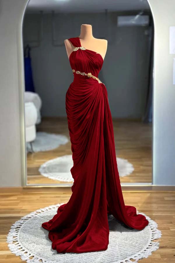 One Shoulder Sleeveless Long Mermaid Prom Dress With Pleated BMBRIDE