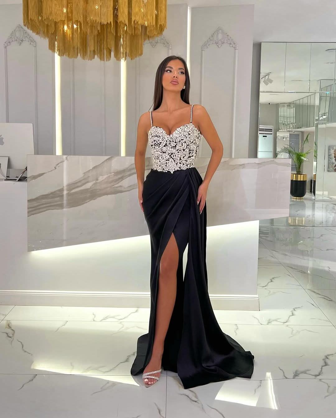 Baby Blue Prom Dress with High Slit, Spaghetti Strap Sweetheart Appliques BM bride