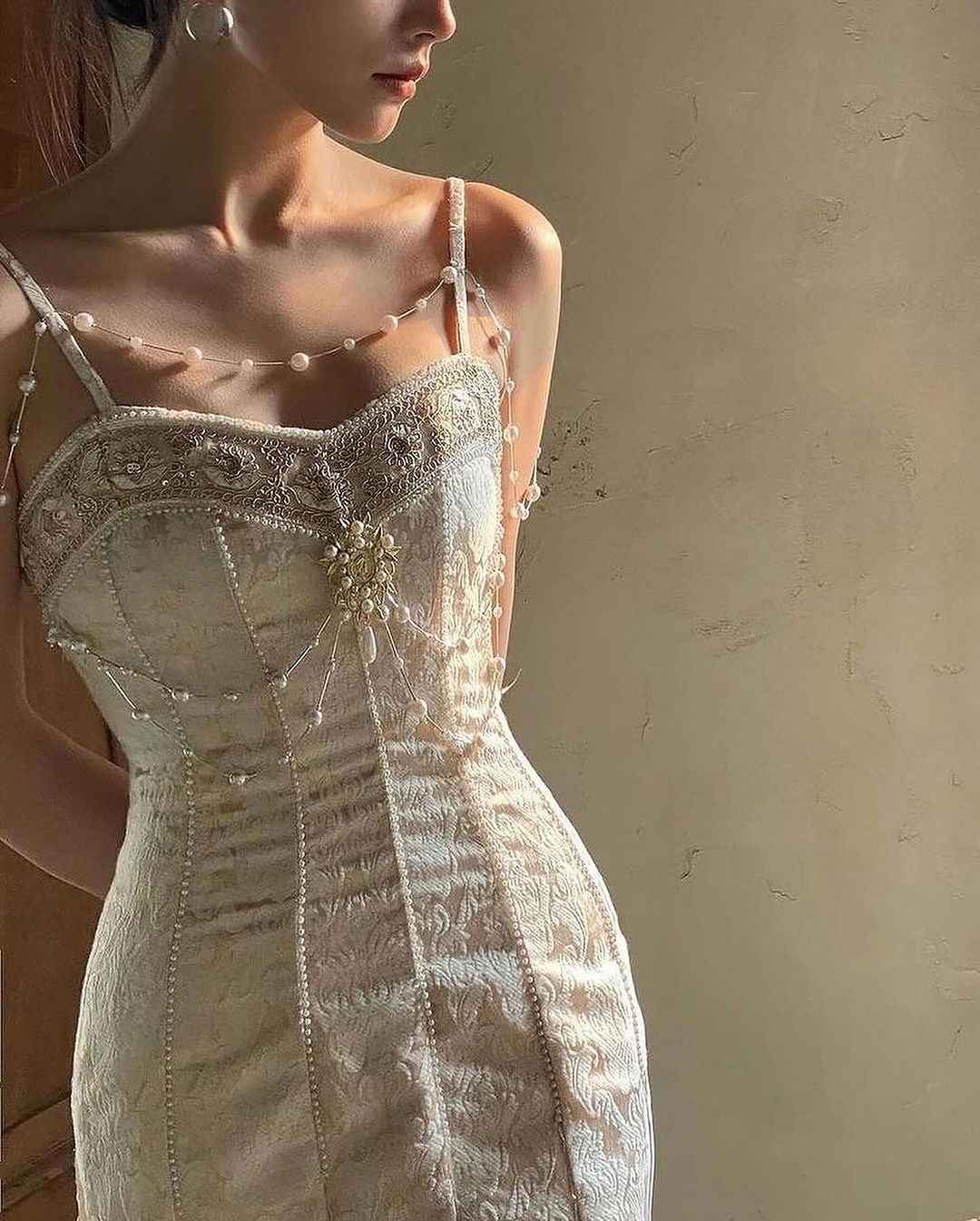 Sweetheart Spaghetti Strap Embroidery Champagne Pearl Mermaid Prom Dress