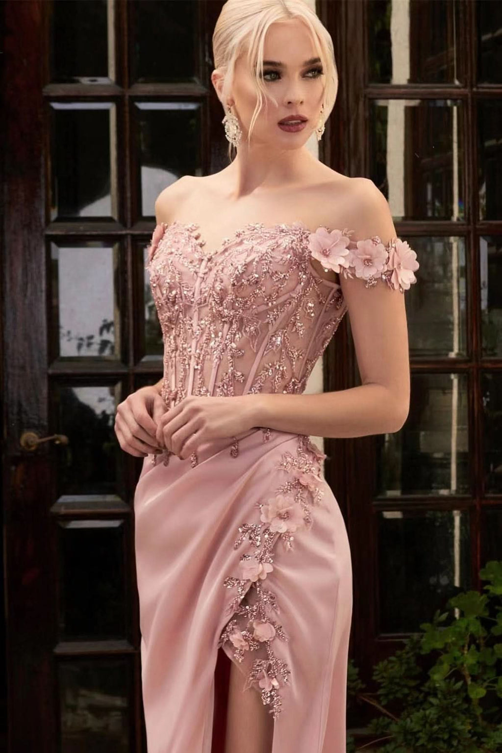 Pink Off-The-Shoulder Mermaid Prom Dress with Applique Split Beadings BM bride
