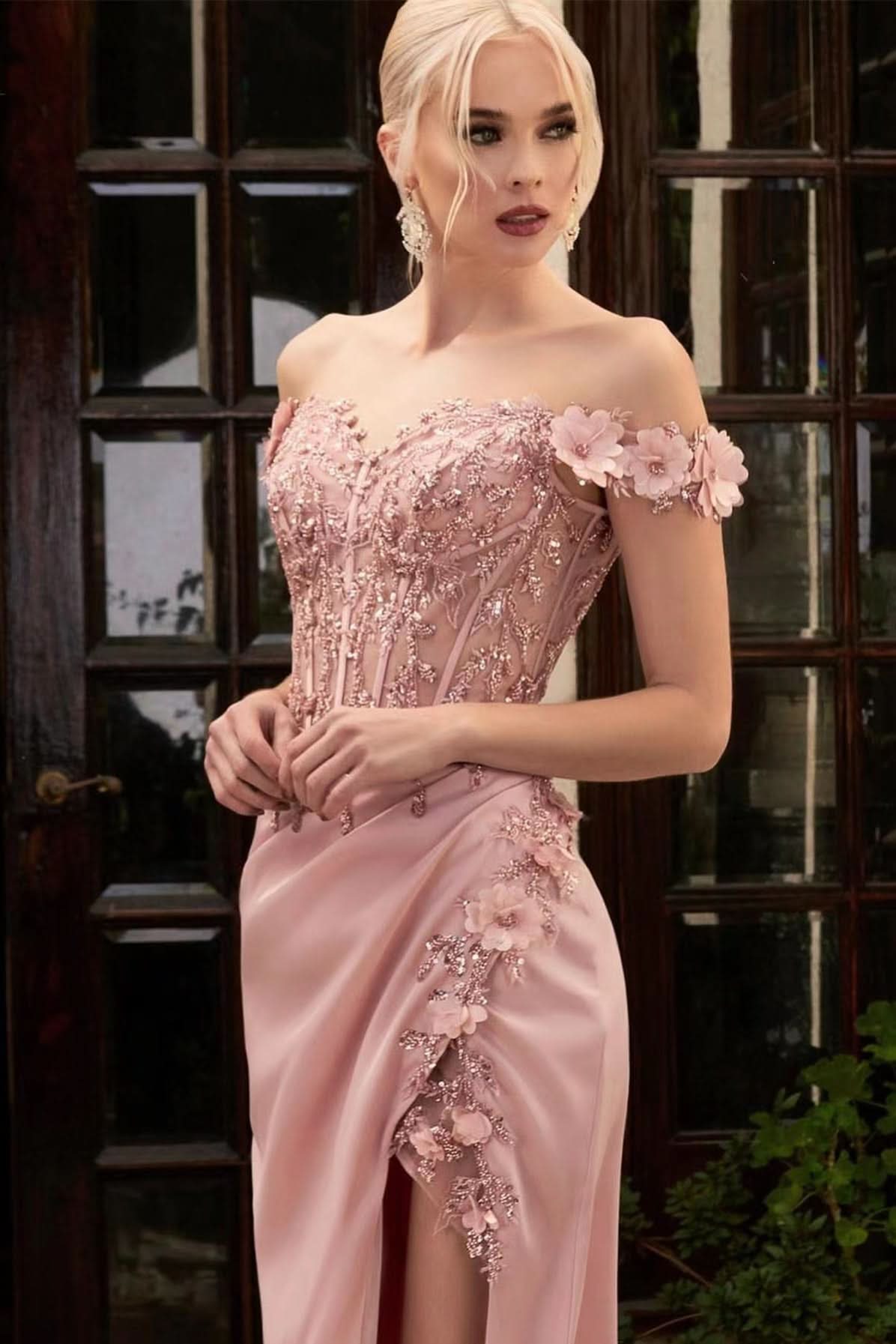 Pink Off-The-Shoulder Mermaid Prom Dress with Applique Split Beadings BM bride