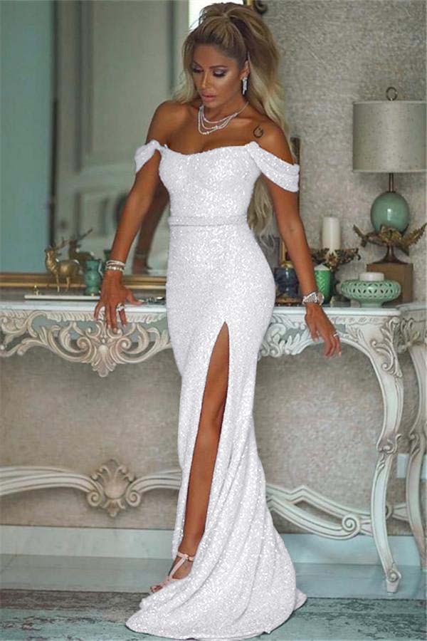 Pink Sequins Off the Shoulder Mermaid Elegant Prom Dresses With Split BMBRIDE