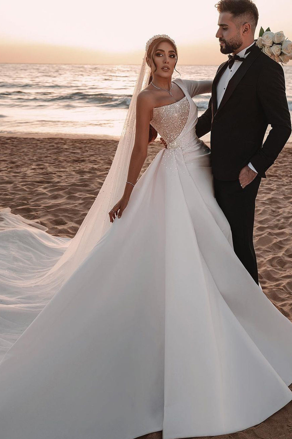 One Shoulder Long Sleeve Sequins A-line Wedding Dress with Dazzling Effect BM bride