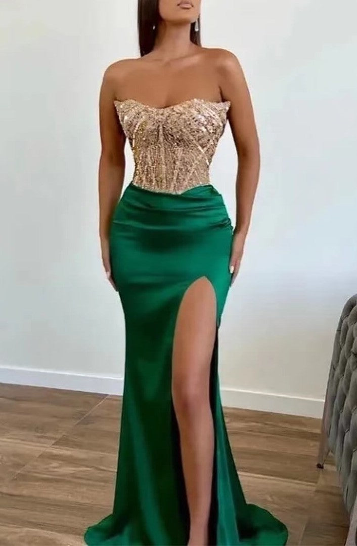 Strapless Green Mermaid Prom Dress with Beadings and Split Applique BM bride