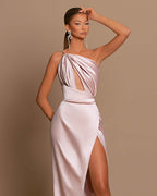 Chic Light Pink One Shoulder Sleeveless Mermaid Pleated Prom Dress with Split