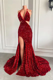 Wine Red Halter Sequins Mermaid Prom Dress with Split BM bride