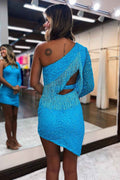Sparkly Sky Blue One Shoulder One Sleeve Tight Homecoming Dress with Fringes Bmbride