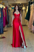 Stunning Red Spaghetti Strap Sleeveless Pleated Long Prom Dress With Split