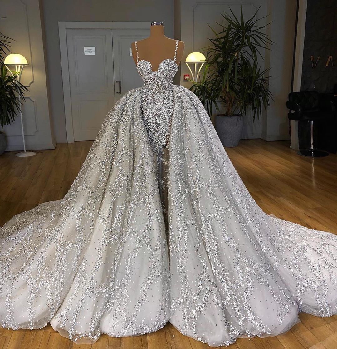 Brilliant Sweetheart Sequin Mermaid Wedding Dress with Ruffle Train BM bride