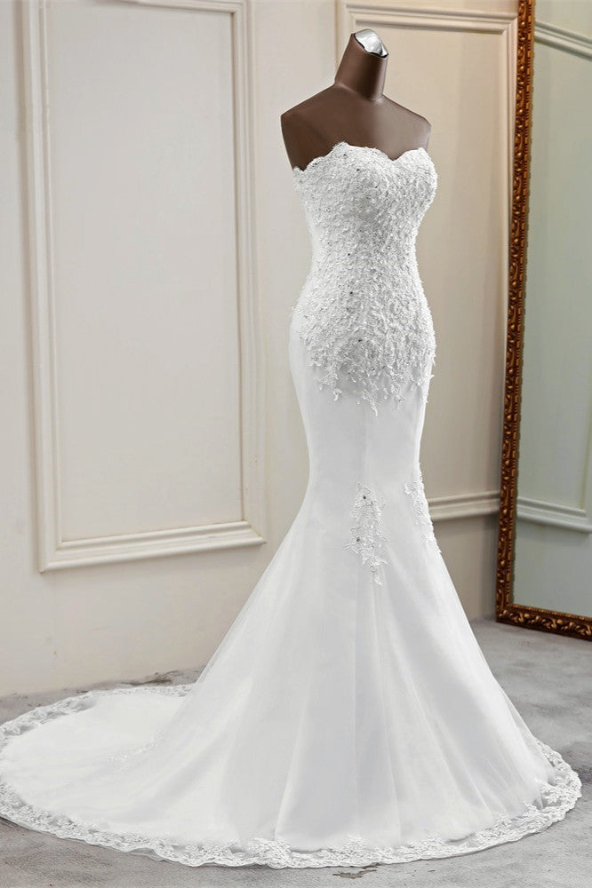 Strapless Lace Applique Long Mermaid Wedding Dress with Beading BM bride