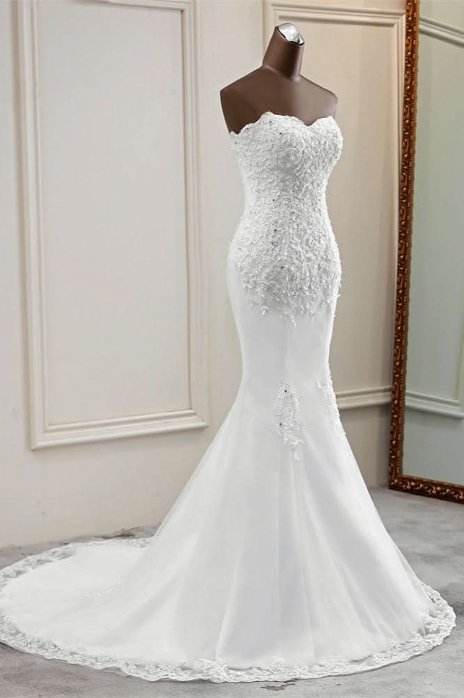 Strapless Lace Applique Long Mermaid Wedding Dress with Beading BM bride