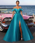 Simple Satin Off the Shoulder Sweetheart Strapless A Line Prom Dress With Split