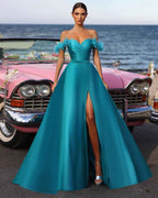 Simple Satin Off the Shoulder Sweetheart Strapless A Line Prom Dress With Split