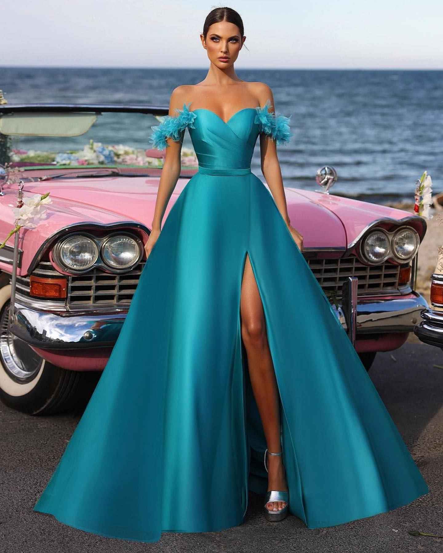 Simple Satin Off the Shoulder Sweetheart Strapless A Line Prom Dress With Split