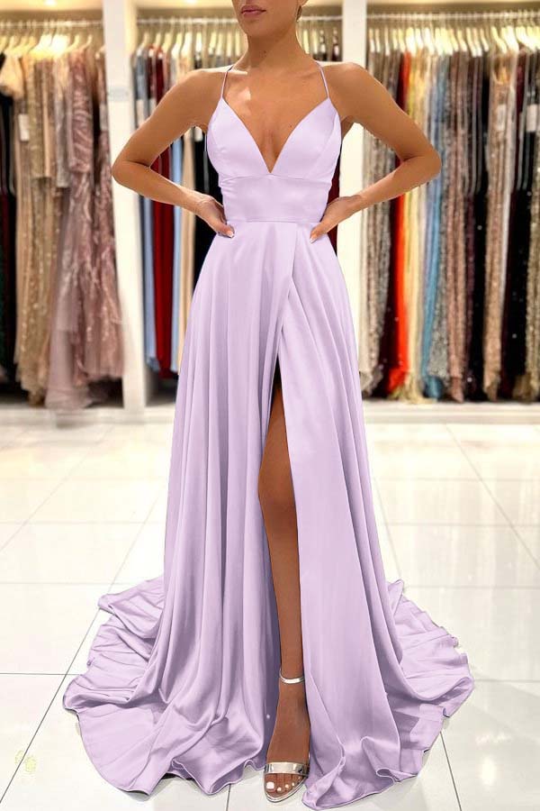 Simple Blue A Line Sleeveless Spaghetti Strap Split Prom Dress With Open Back BMBRIDE