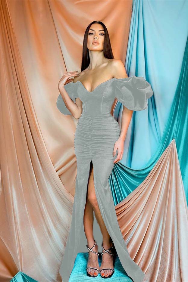 Mermaid Off the Shoulder Strapless Long Black Prom Dress With Front Split BMBRIDE