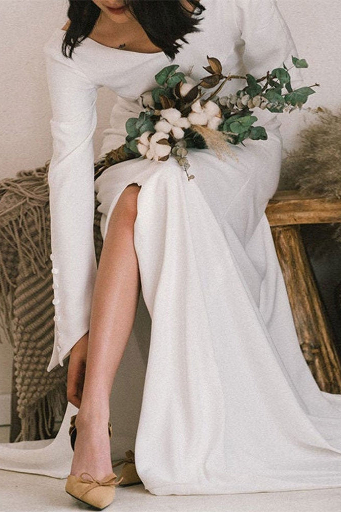 V-Neck Long Sleeve Slit Wedding Dress BM bride