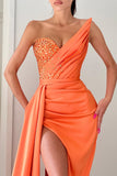 Stunning Orange V-Neck Mermaid Evening Dress with Long Split and Beads BM bride