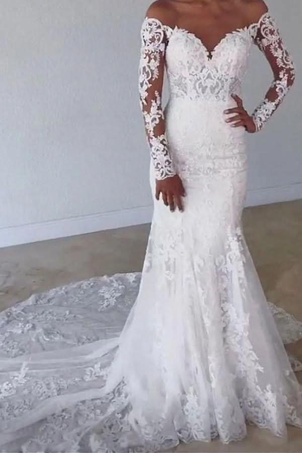Sweetheart Long Sleeve Mermaid Wedding Dress with Lace BM bride