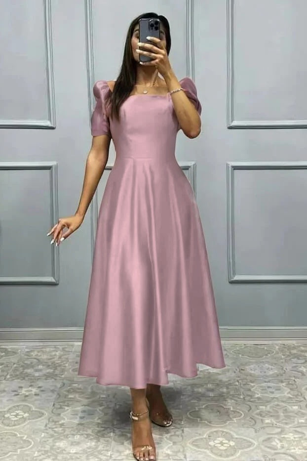 Elegant Square A Line High Waist Pleated Prom Dress With Short Sleeves BMBRIDE