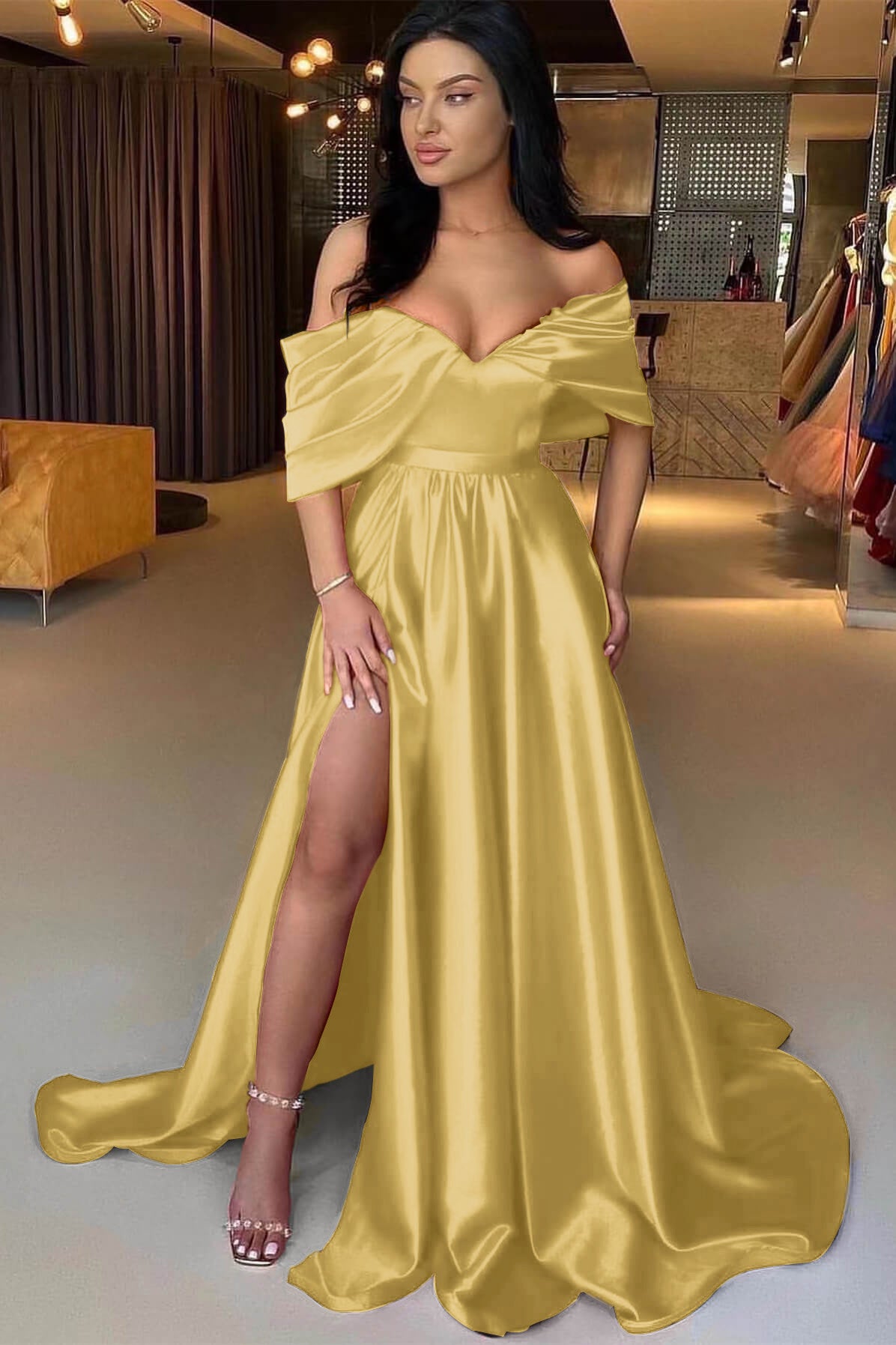 Charming Red A Line Off the Shoulder Strapless Long Prom Dress With Split BMBRIDE