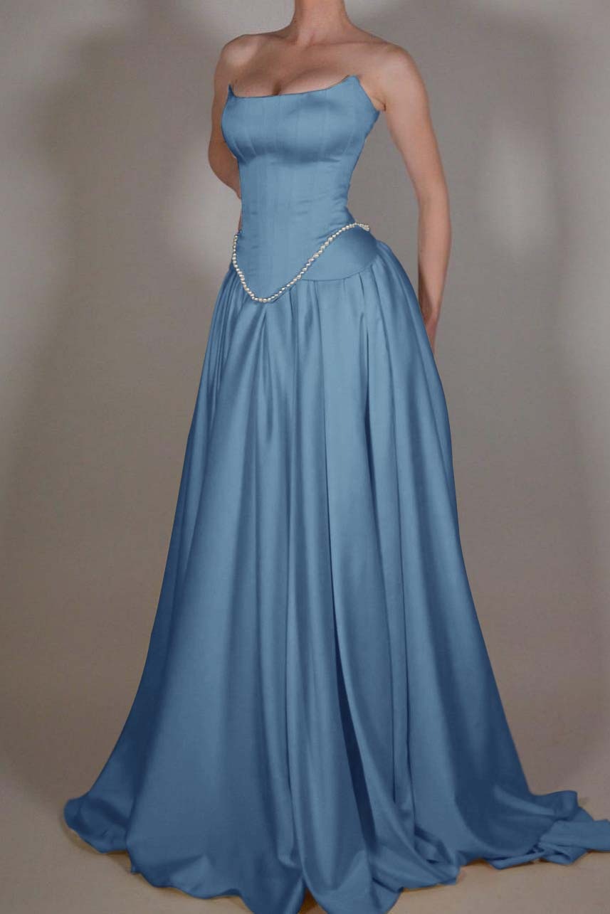 Strapless Sleeveless Long A Line Prom Dress With Pleated Beading BMBRIDE