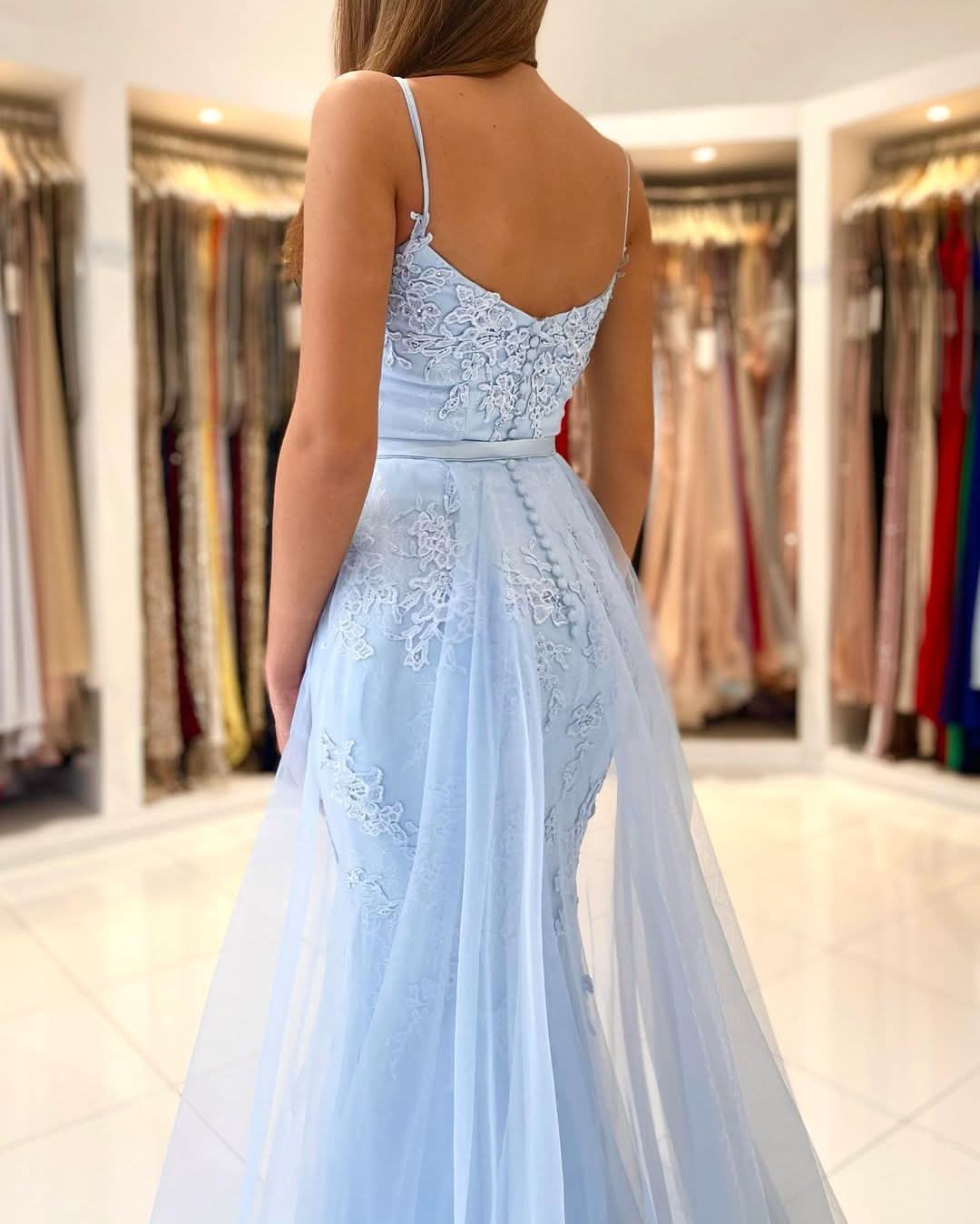 Sky Blue Lace Mermaid Prom Dress BM bride
