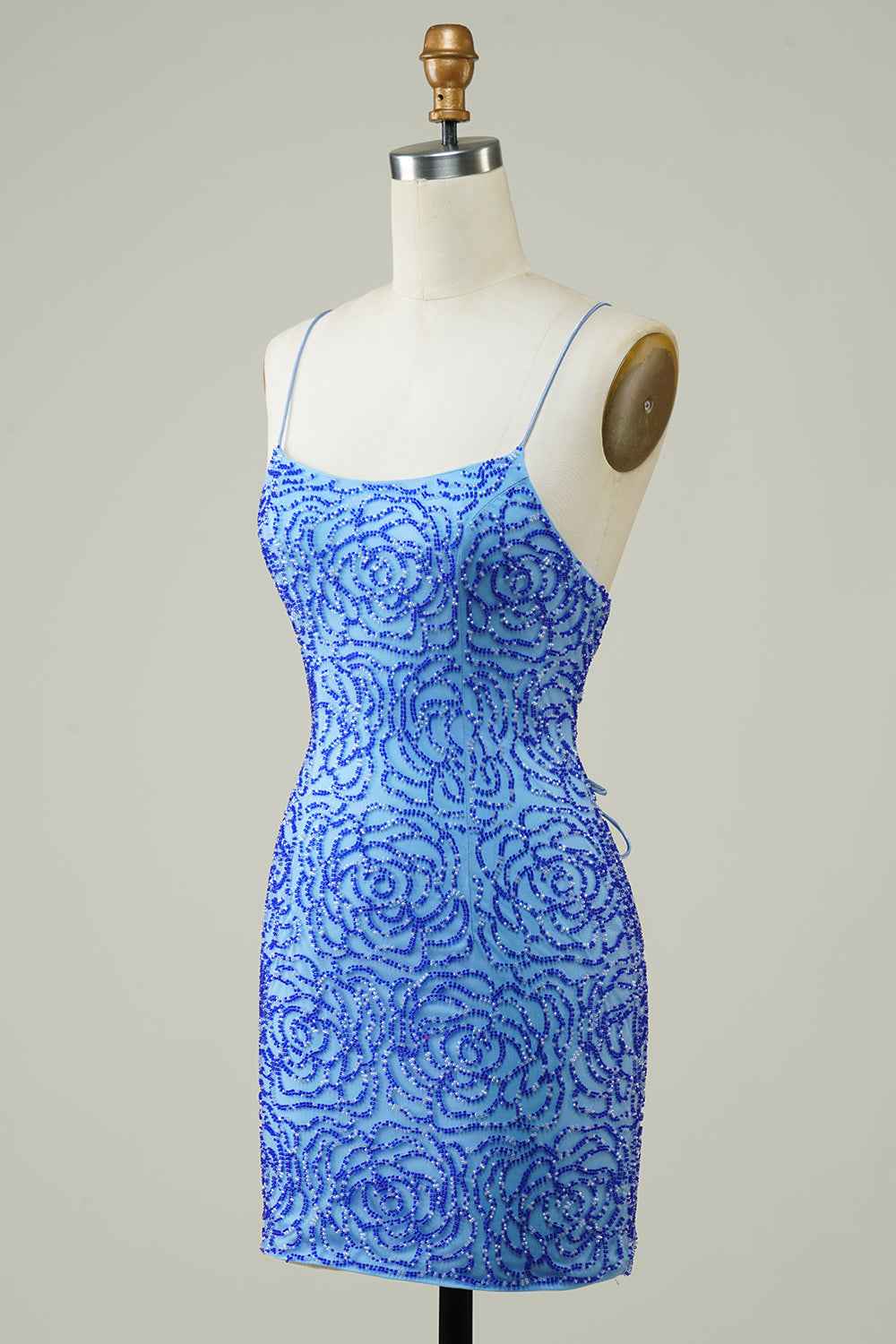 Sparkly Blue Beaded Lace-Up Back Tight Short Homecoming Dress