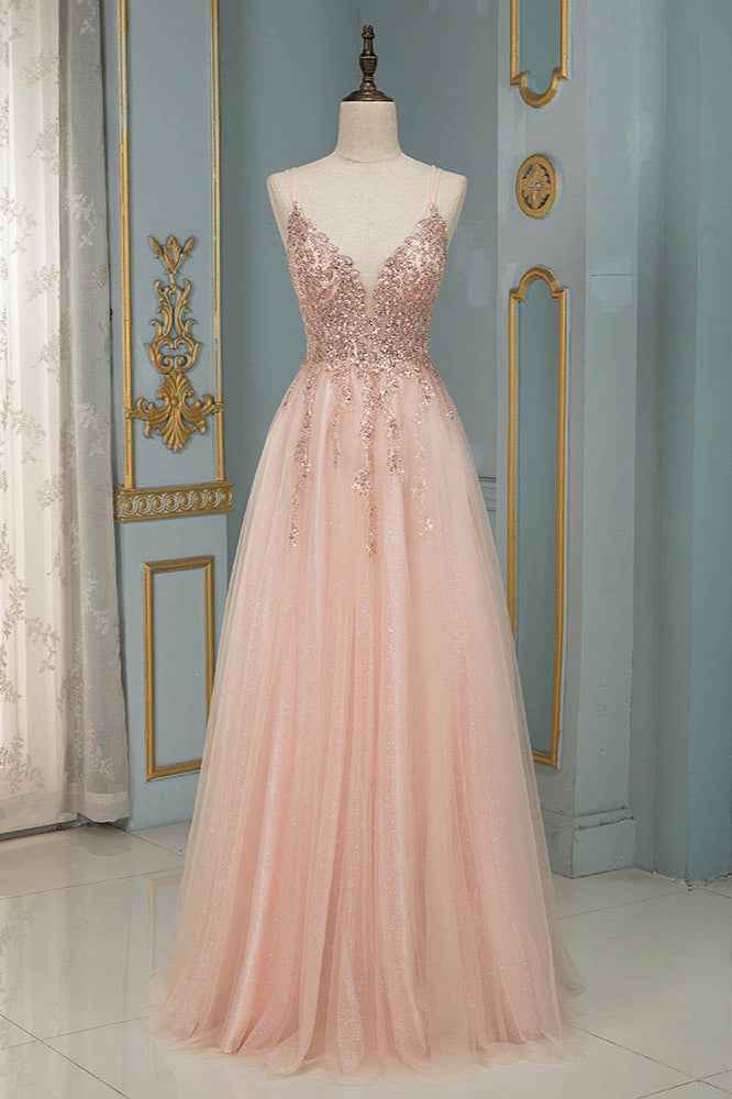 Spaghetti Strap V Neck Sleeveless Prom Dress With Beading Appliques