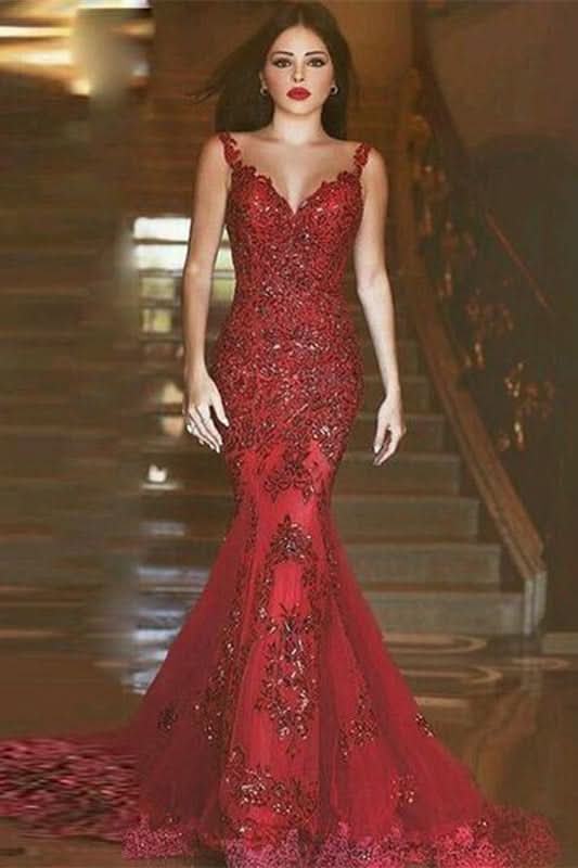Burgundy Lace Applique Mermaid Evening Dress BM bride