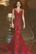 Burgundy Lace Applique Mermaid Evening Dress BM bride