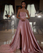 Pink Strapless A Line Sleeveless Sequins Long Prom Dress With Front Split