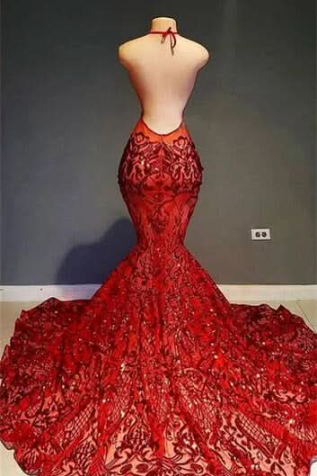 Red Halter Mermaid Prom Dress with Sequins and Lace BM bride