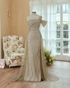 Sequins One Shoulder Prom Dress with Trail Split BM bride