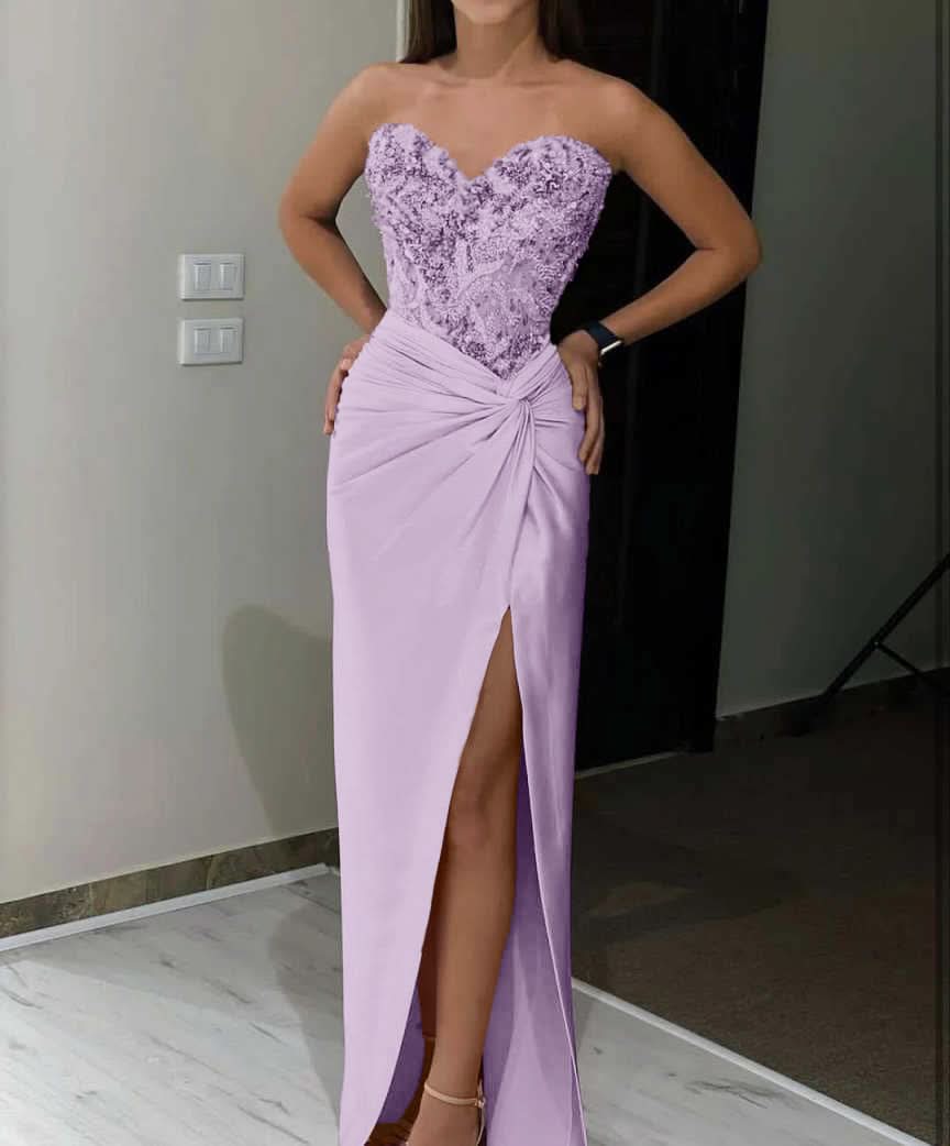 Pink Sequin Applique Long Prom Dress with High Slit BM bride