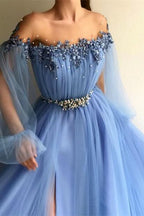 Off-the-Shoulder Long Sleeves Evening Dress with Beads BM bride